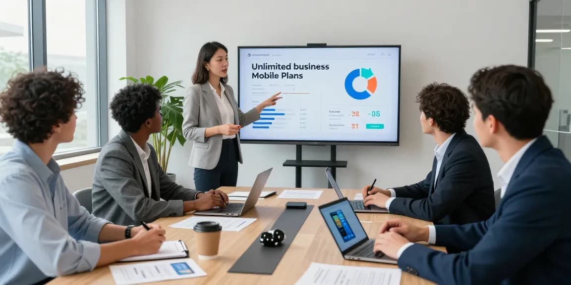 Team collaborating on unlimited business mobile plans in a modern office setting.
