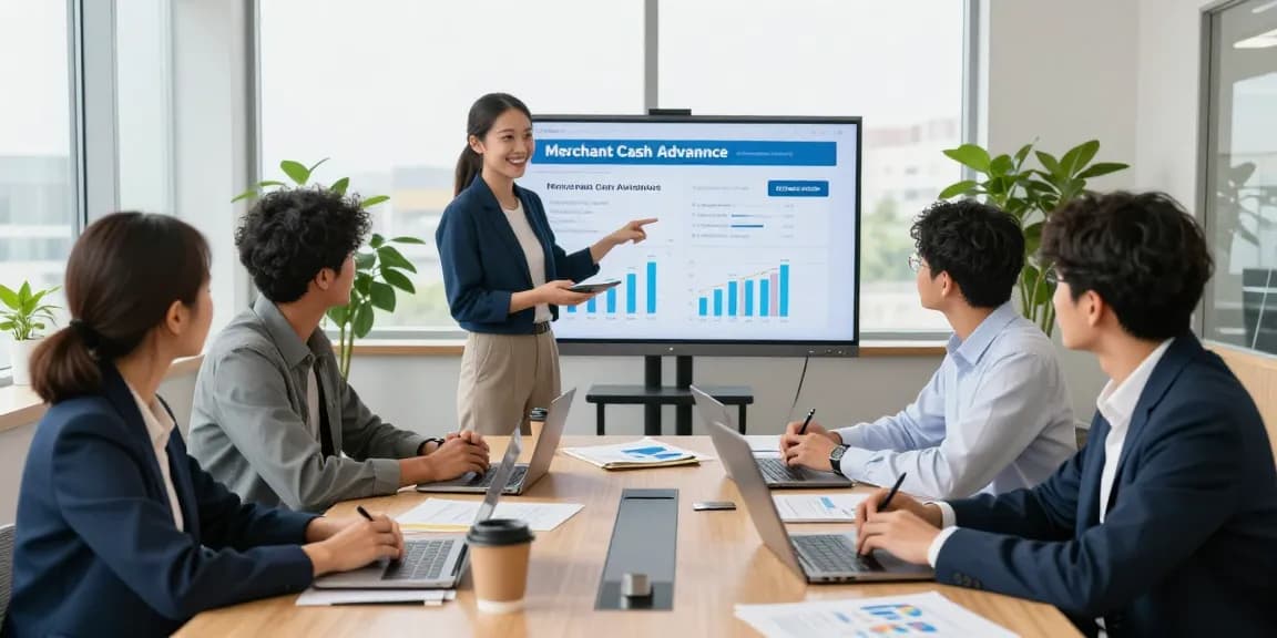 Dynamic business meeting discussing merchant cash advance companies with diverse professionals analyzing data.