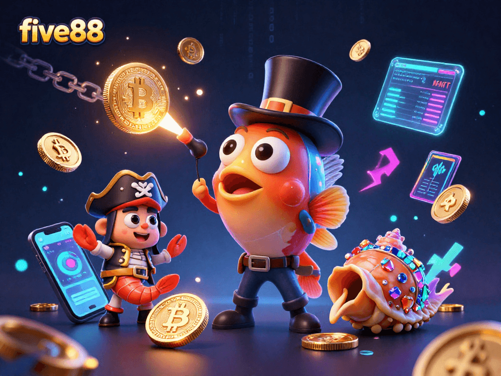 Engage with five88, where the anglerfish attracts golden coins amidst vivid gambling elements.