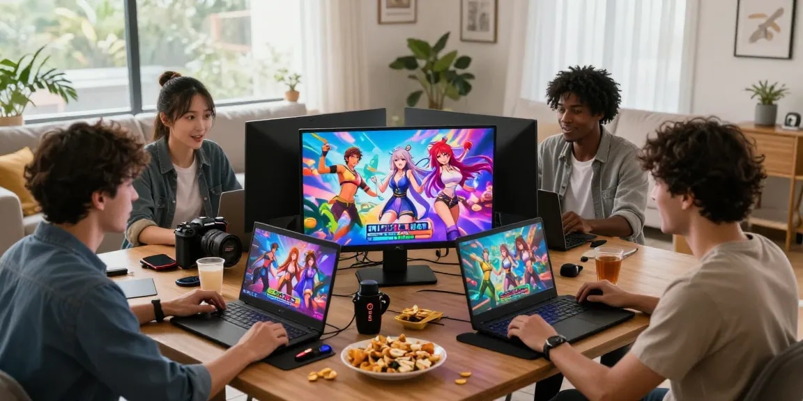 Group enjoying hentai games in a cozy gaming setup with colorful visuals.