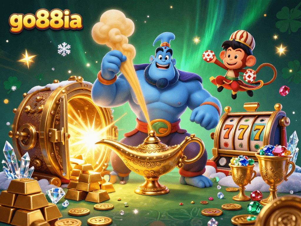 Experience the magical world of go88ia with a vibrant casino illustration featuring a genie and treasures.