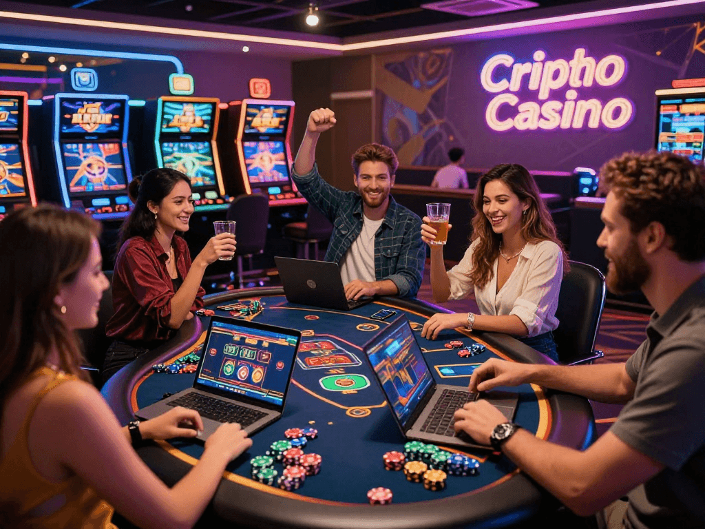 Excited players enjoying games at a crypto casino with vibrant lighting and digital displays.