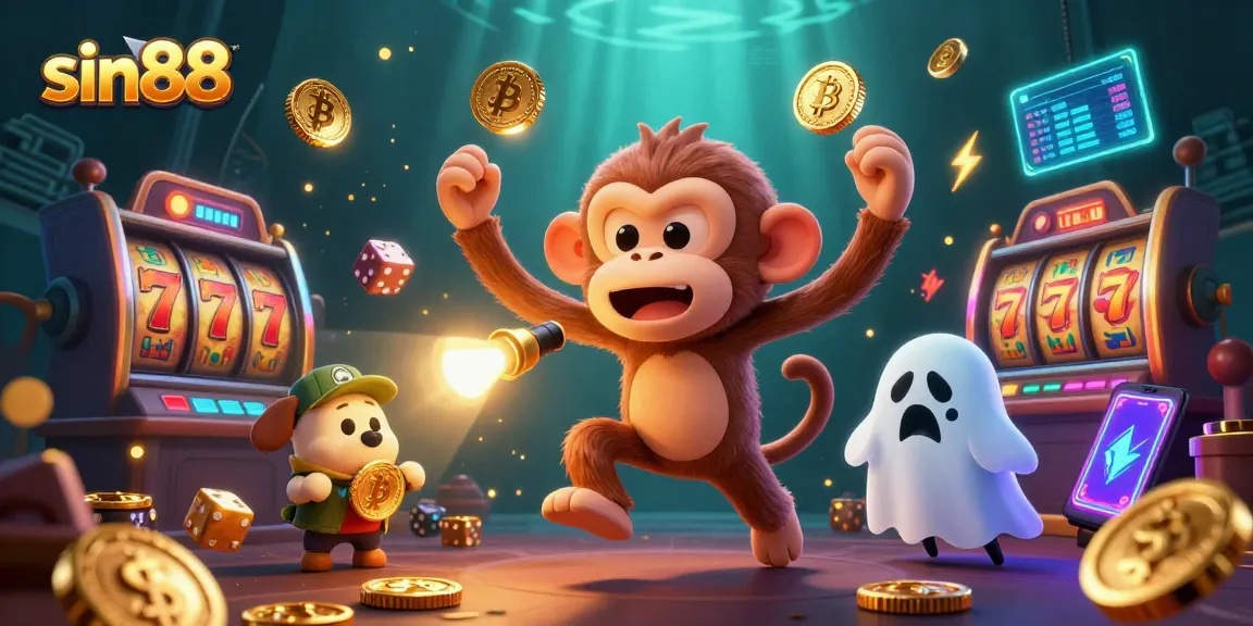 Experience thrilling gameplay at sin88 with a mischievous monkey and curious puppy in a vibrant casino scene.