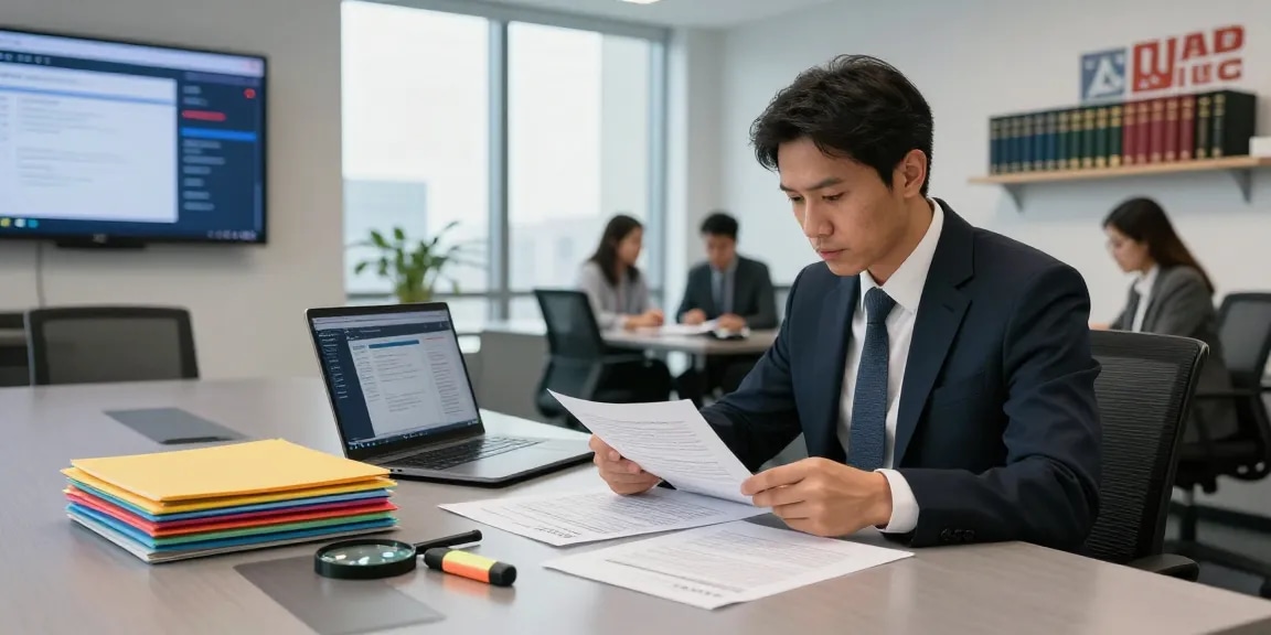 Document fraud detection analysis in a corporate office with an analyst reviewing documents in a professional setting.