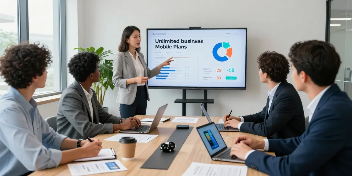 Team collaborating on unlimited business mobile plans in a modern office setting.