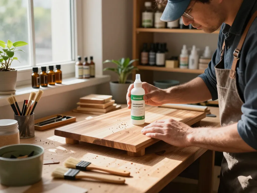 Processo di trattamento del legno ecologico utilizzando antitarlo ecologico in un laboratorio caldo con materiali artigianali e naturali.