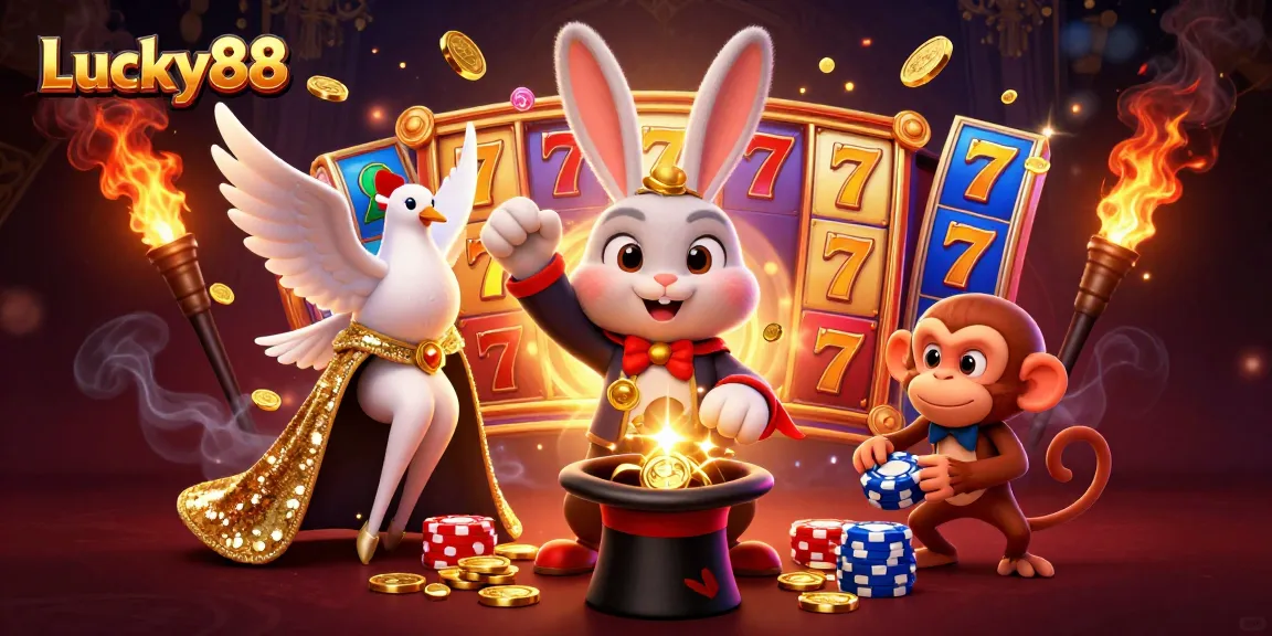 Spin and win on Lucky88 as a magician rabbit pulls golden coins from a hat in a lively casino scene.