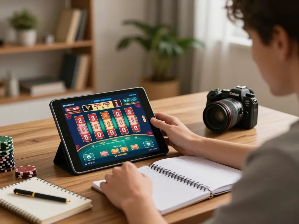 Player engaged with Jun88 online casino app on tablet, showcasing strategic gaming in a cozy home setting.