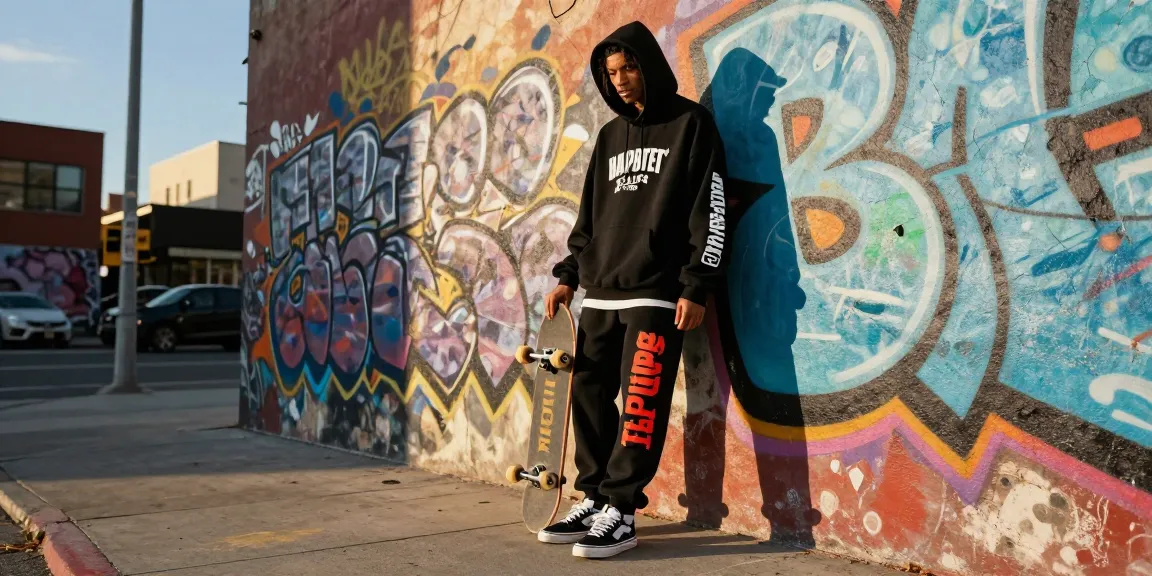 Outfit elegante con felpa Trapstar mostrato in una scena urbana.