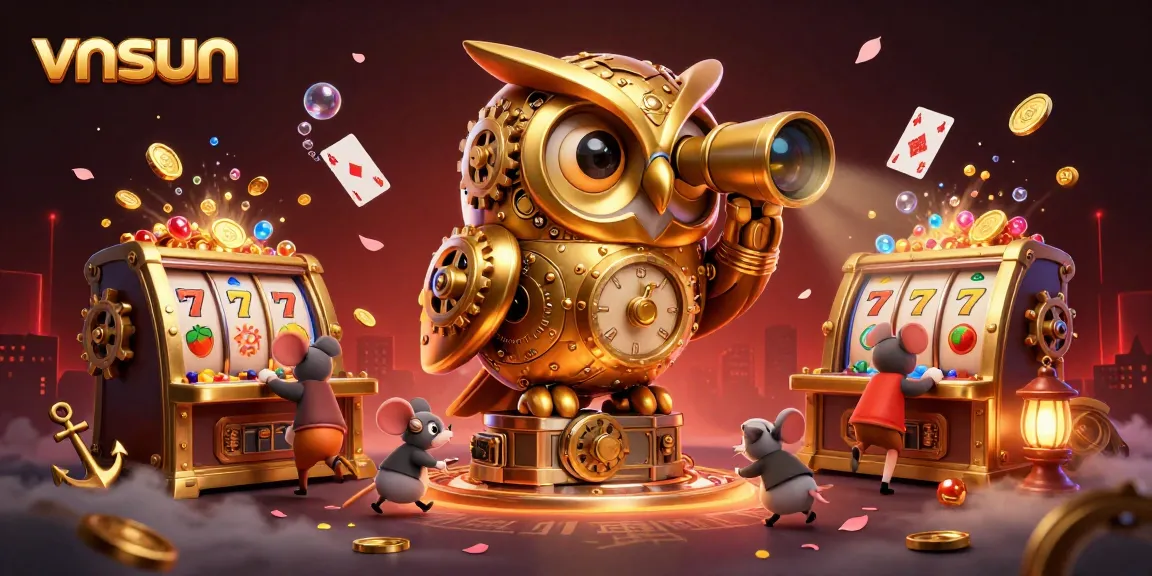 Experience the thrilling slot action at vnsun with a vivid 3D digital illustration of a colorful casino.