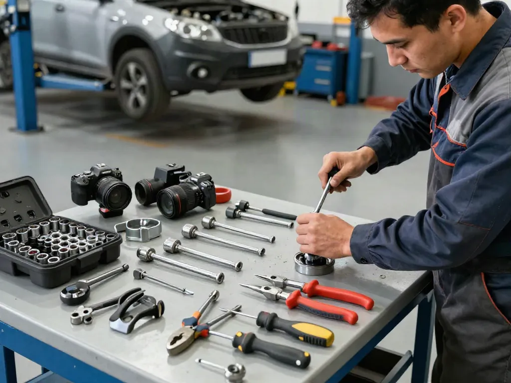 Meccanico al lavoro con strumenti KS Tools in un'officina meccanica.