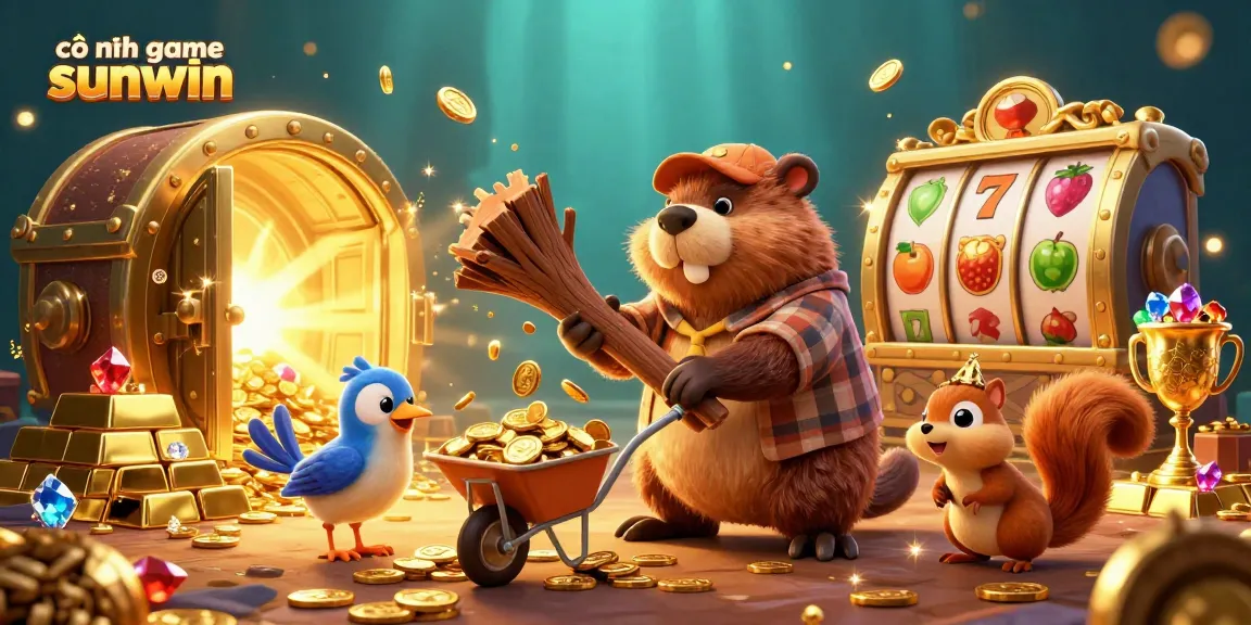 Engage with cổng game sunwin: Watch a beaver, bird, and squirrel celebrate casino gold amidst slot reels.