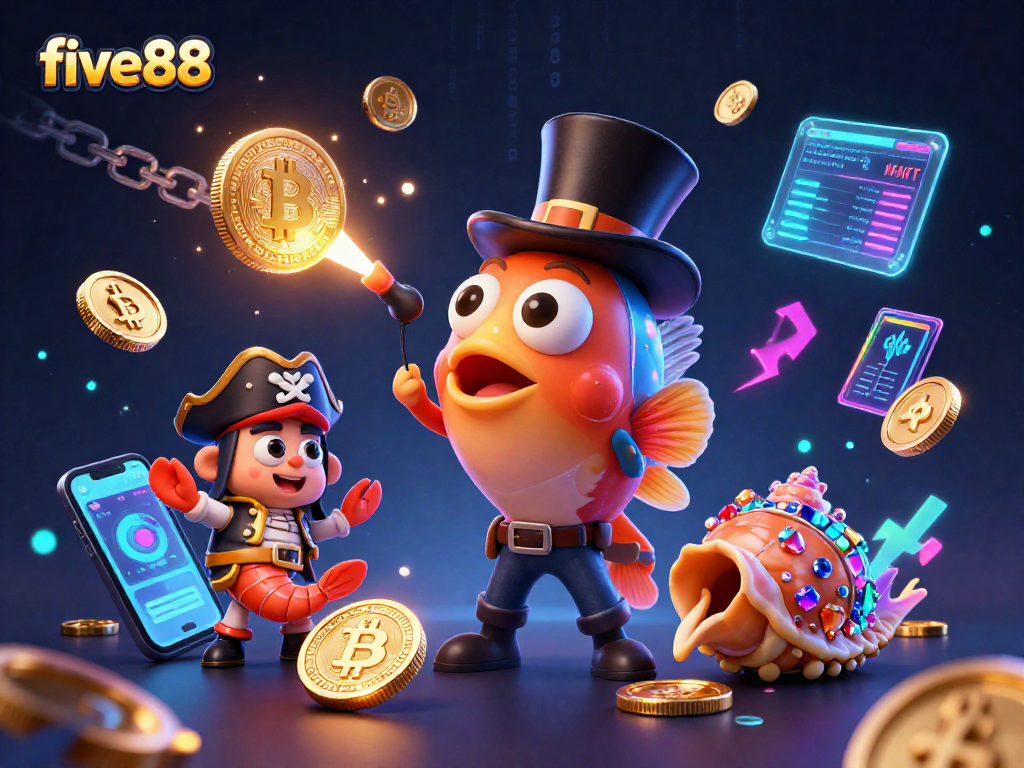 Engage with five88, where the anglerfish attracts golden coins amidst vivid gambling elements.