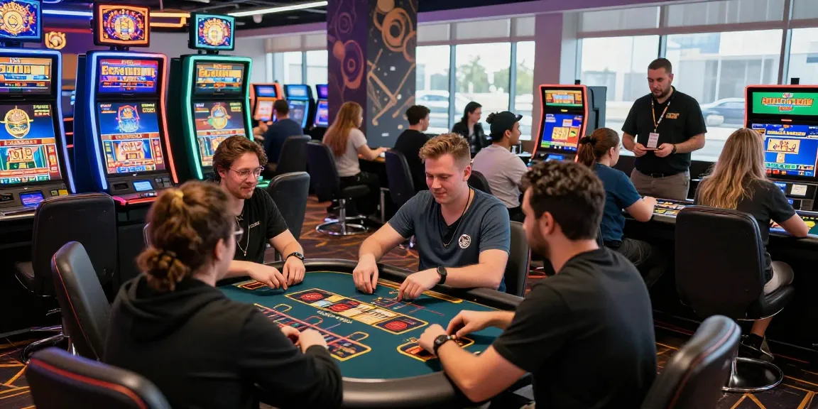 Giocatori di casino online esteri che si divertono con giochi in un ambiente vivace e moderno con croupier dal vivo e slot machines.