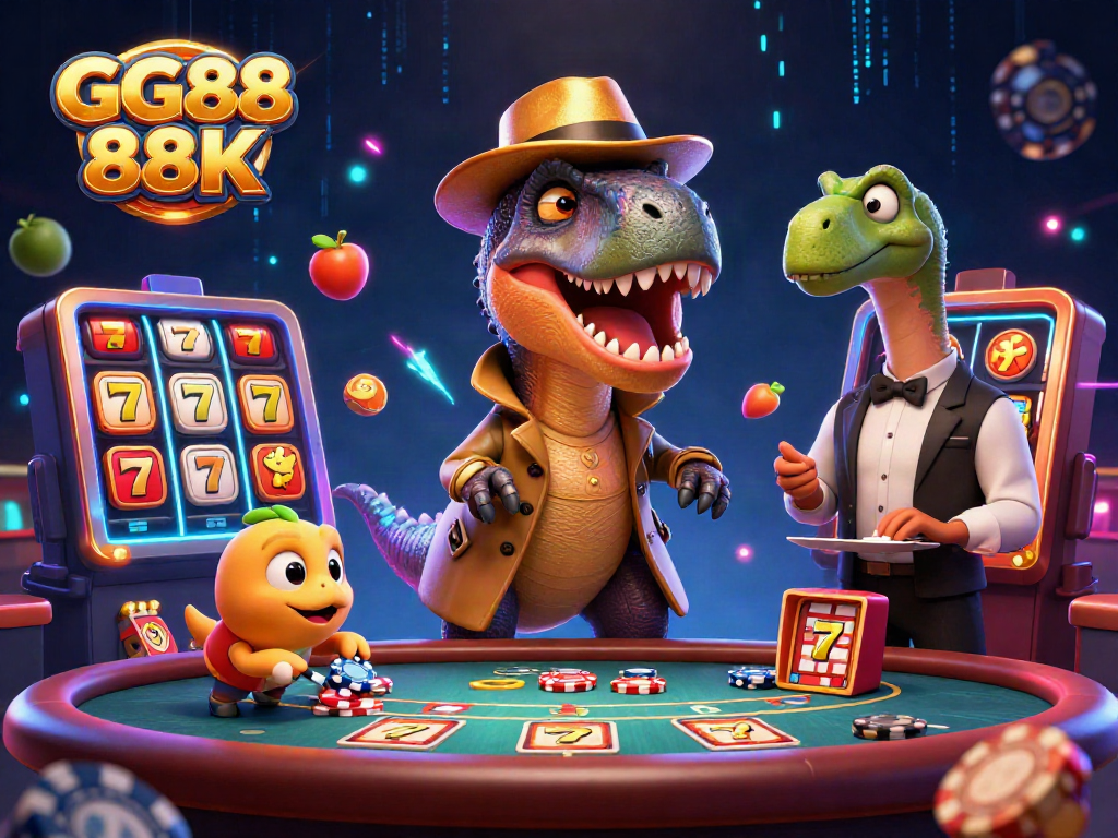 Experience the excitement of GG88 88K with a velociraptor at a blackjack table in a vibrant casino scene.