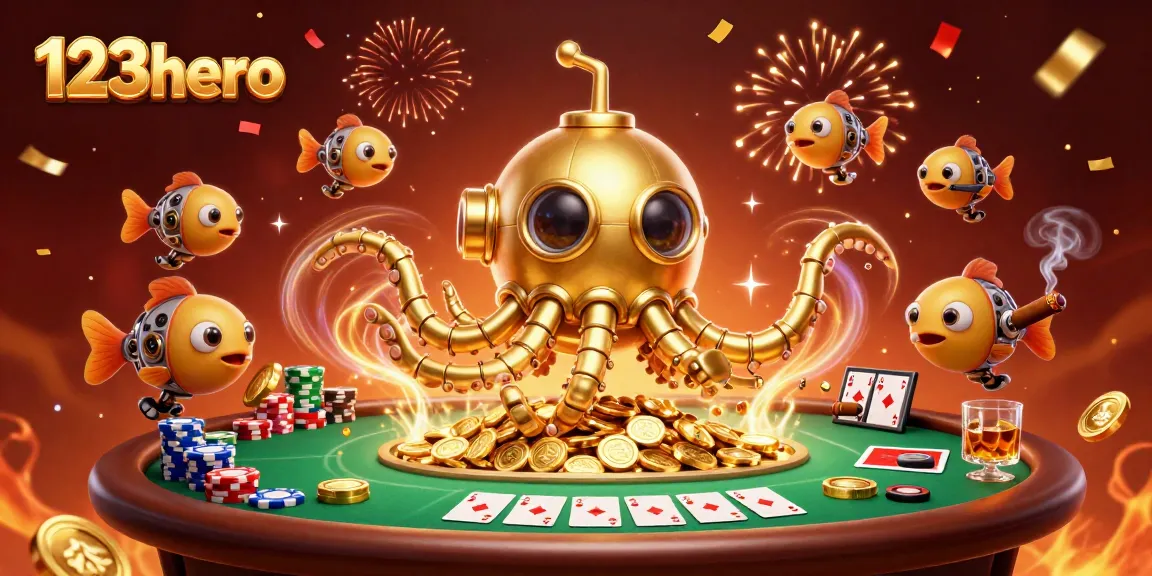 Experience the excitement of 123hero with casino-themed golden kraken illustration amidst vibrant gaming elements.