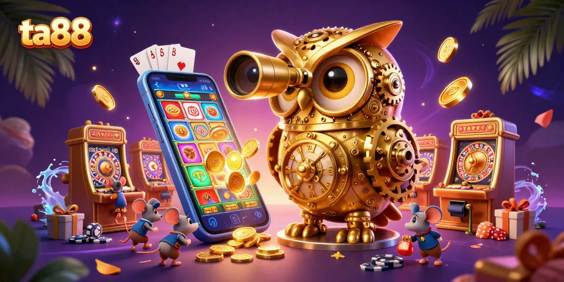 Experience the excitement of ta88 casino with a golden owl and lively gaming scene.