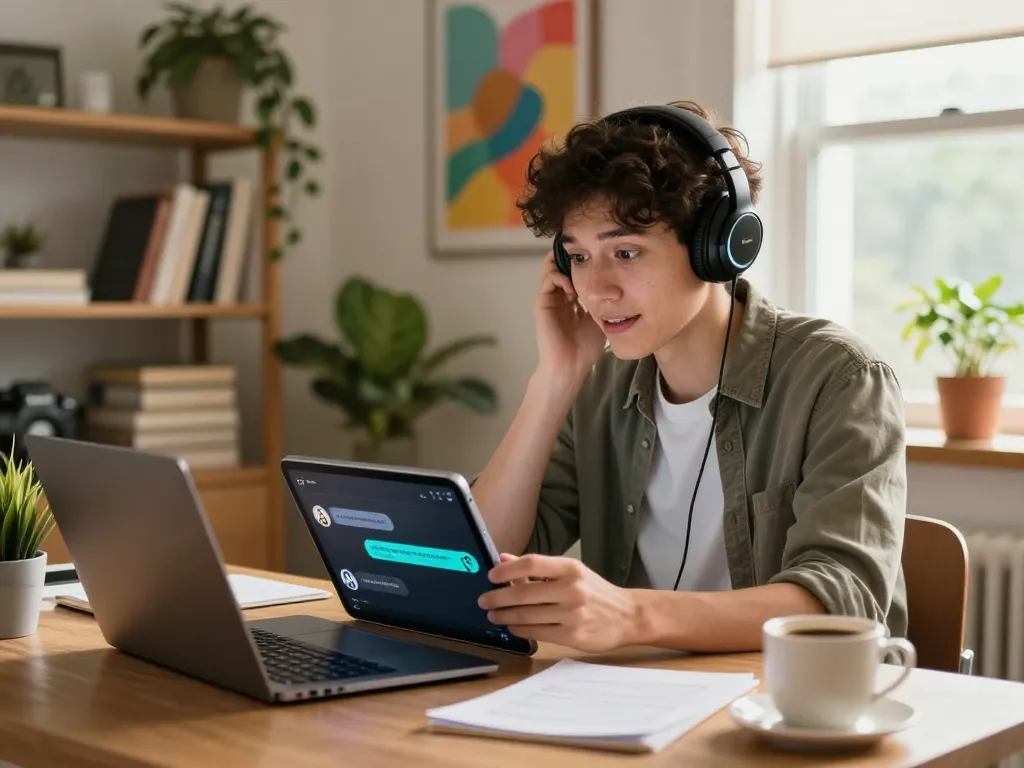 Dynamic young adult using a sex AI chat on a tablet in a cozy home office.