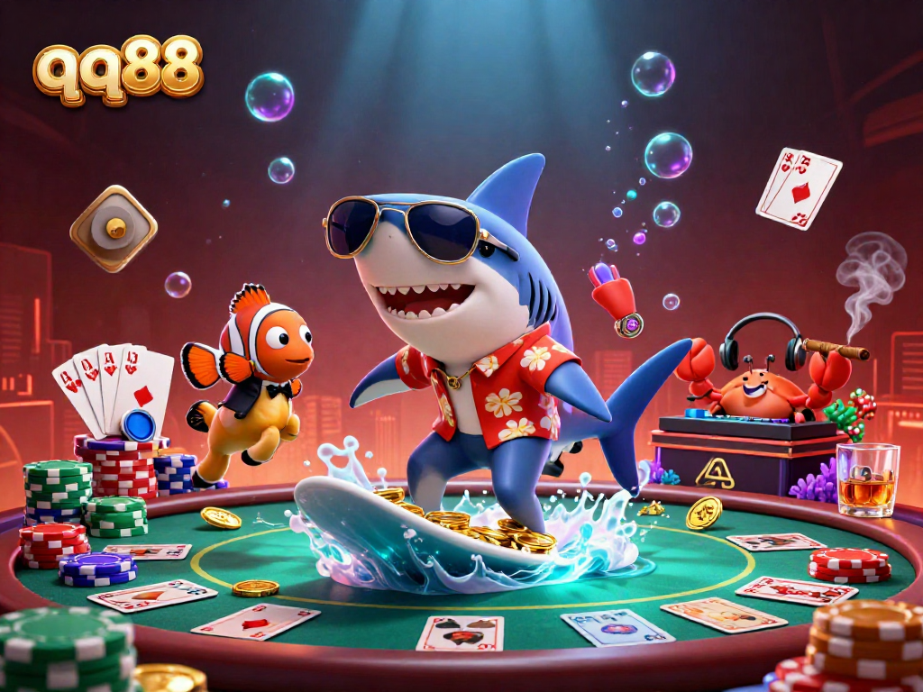 Engage with qq88's vibrant casino scene featuring a hammer-head shark, clownfish, and crab DJ amidst poker elements.