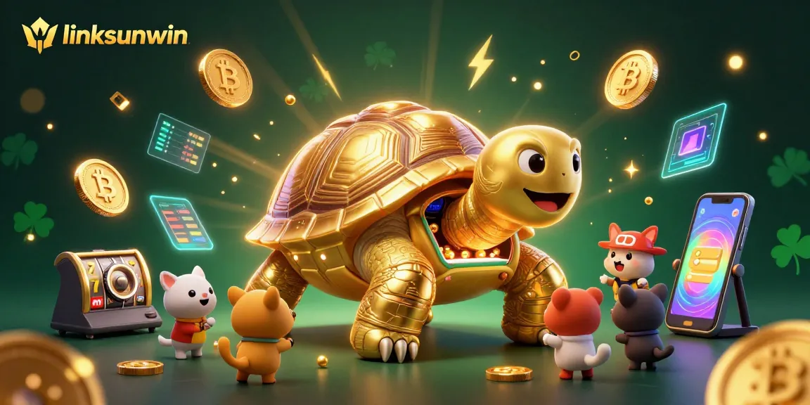 Engage with linksunwin by experiencing a vibrant casino world featuring a lively colossal tortoise and crypto-themed elements.