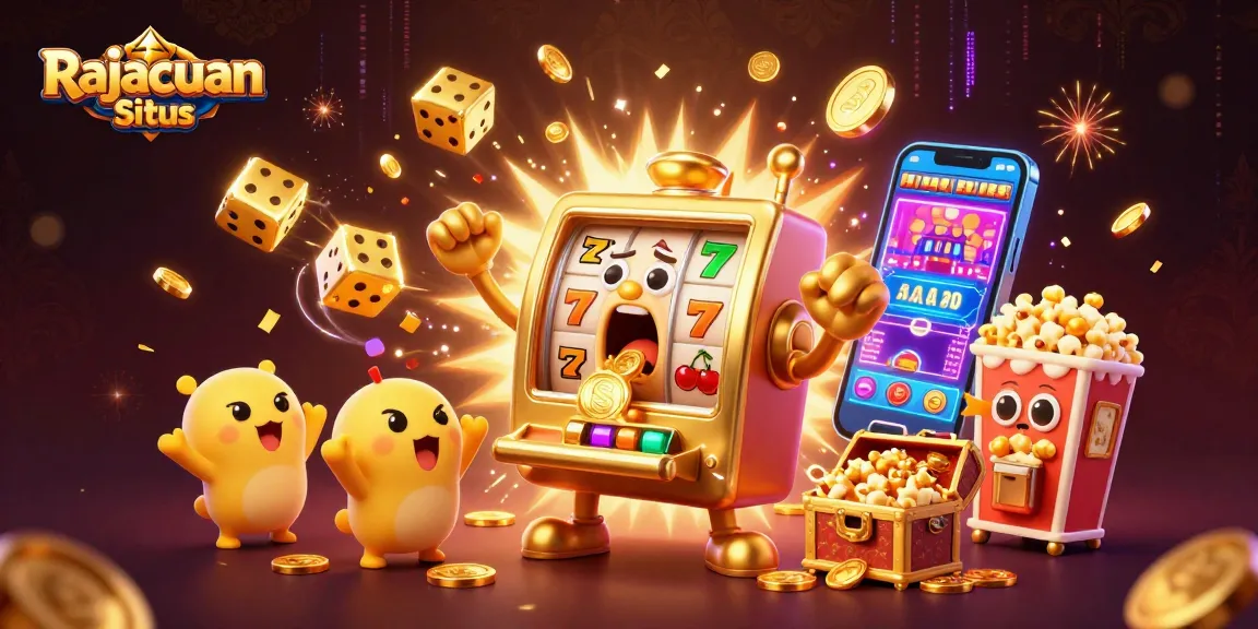 Slot jackpot di Rajacuan Situs memancarkan koin emas dengan karakter slot yang ceria.