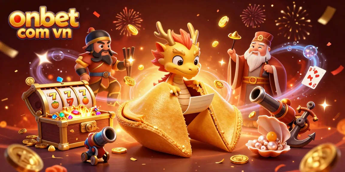 Experience the excitement at onbet com vn with a vibrant casino-themed illustration featuring a dynamic golden fortune cookie scene.