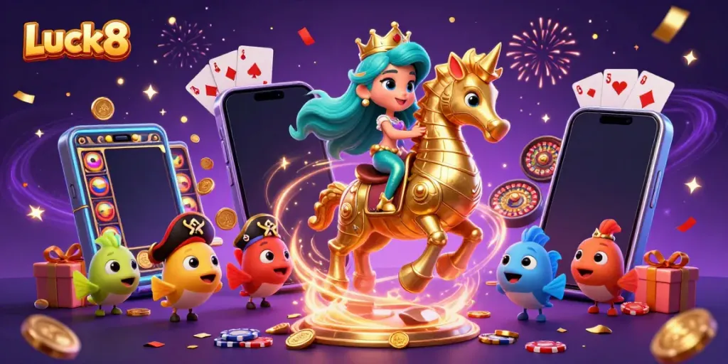 Luck8 themed illustration showcasing a magical mermaid and seahorse engaging with casino elements.