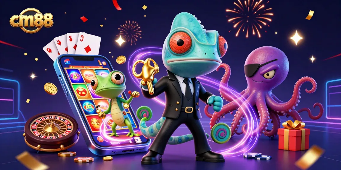 Spin vibrant slot games with cm88, featuring colorful characters and celebratory elements in a dynamic casino scene.