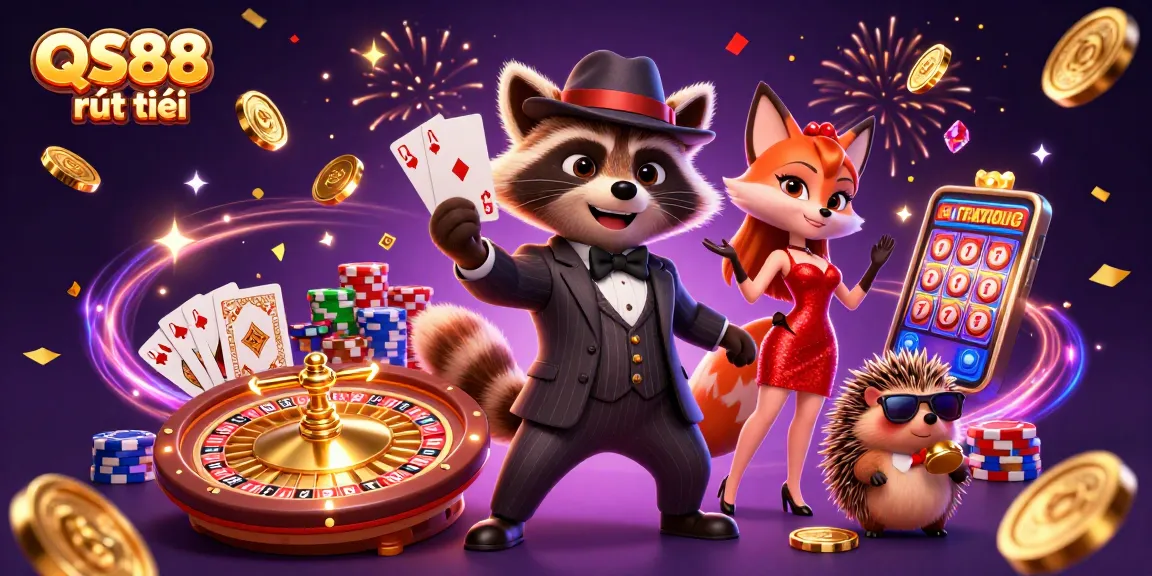 Experience the thrill of QS88 rút tiền with animated characters and dynamic casino elements in vibrant 3D.