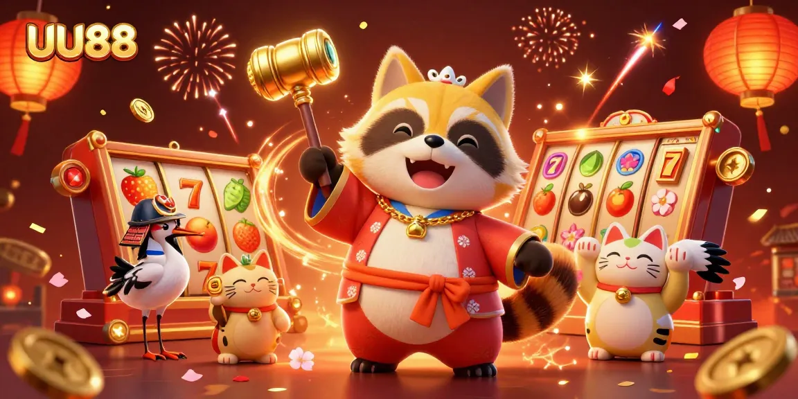 Engage with UU88 slot games amidst a festive 3D scene featuring lucky tanuki and golden symbols.