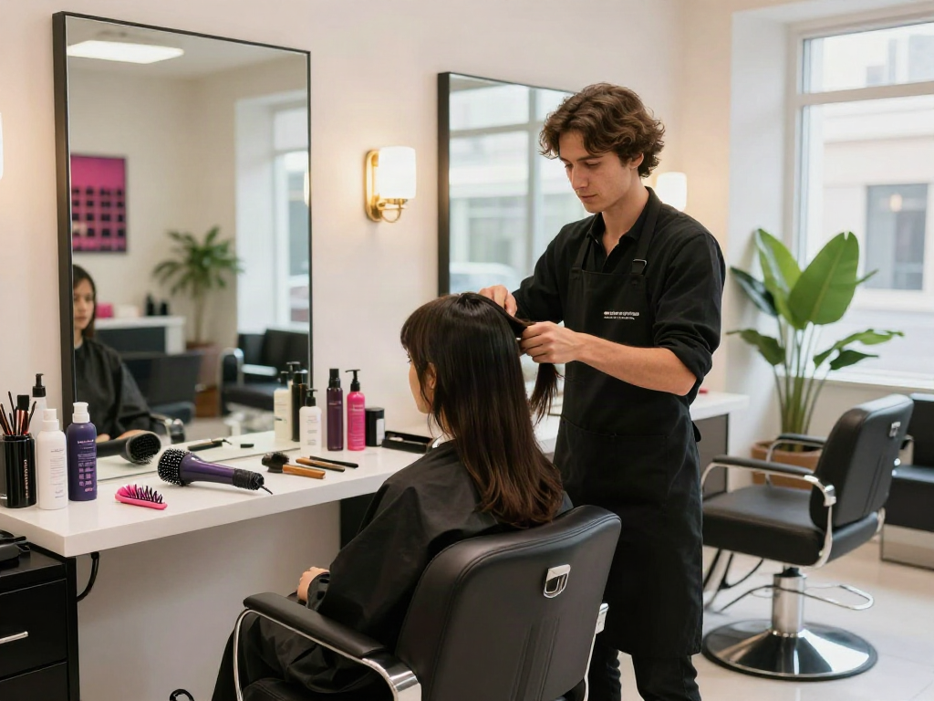 Stylish salon scene at https://carbonegroupparrucchieri.it/ with a stylist tending to a client, showcasing vibrant haircare products.