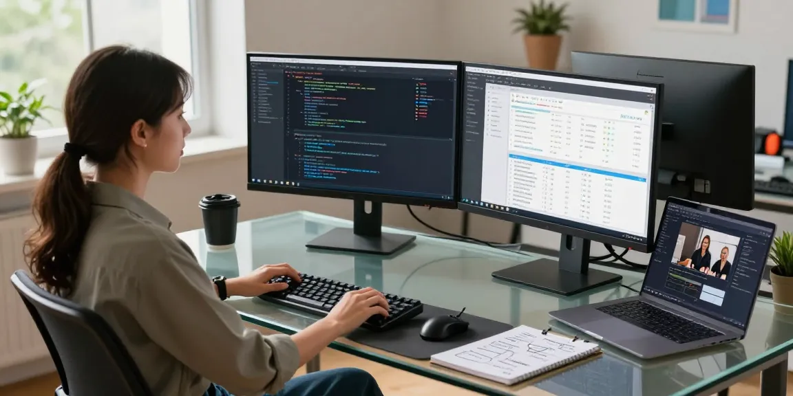 Developer coding at a desk with dual monitors, showcasing the WPS Official Website tools and tech gadgets, in a modern workspace.