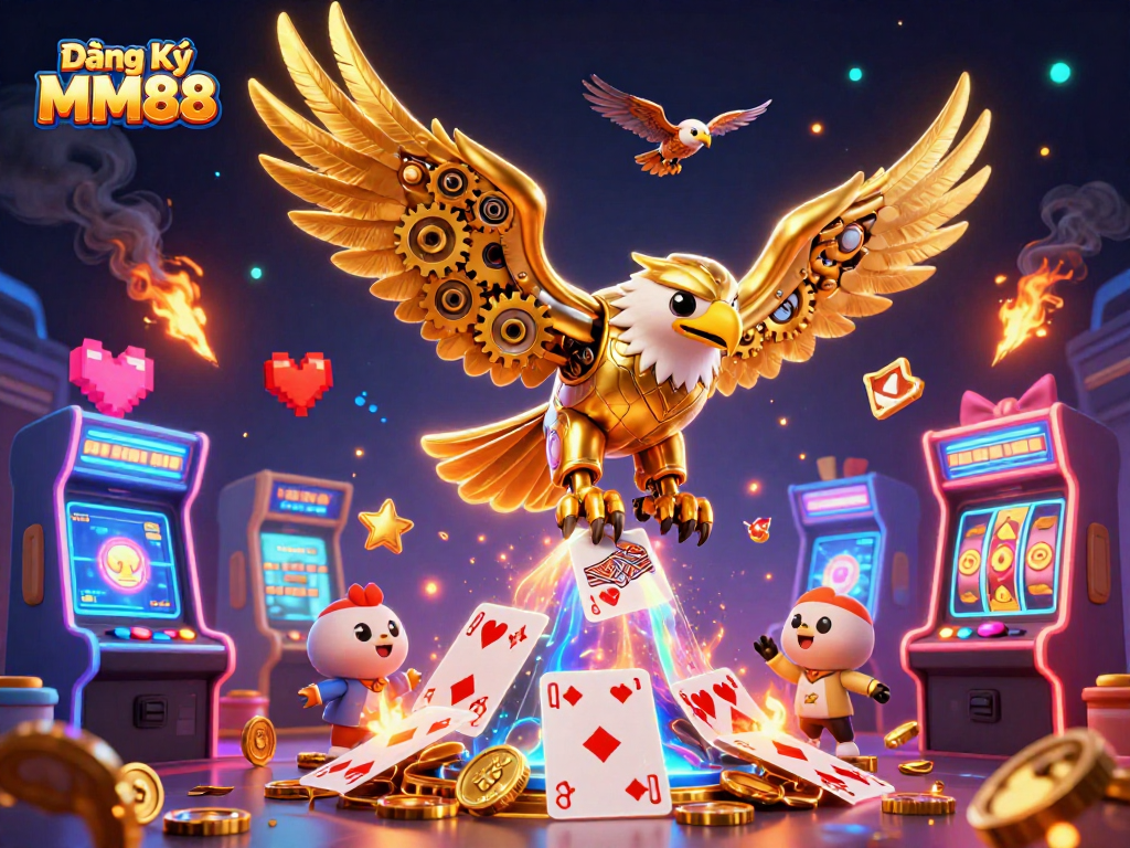 Engage in Đăng Ký MM88 with a hyper-detailed casino-themed illustration showcasing a cybernetic eagle.