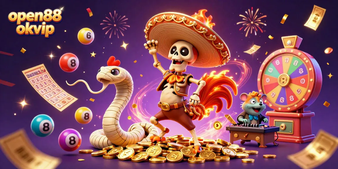 Experience the excitement of open88 okvip with our dynamic casino-themed illustration showcasing colorful games and characters.