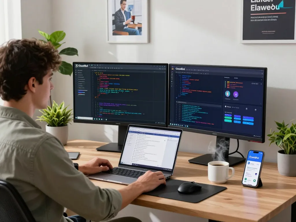 Innovative workspace showcasing Clawdbot mac interface on dual monitors and active coding environment.
