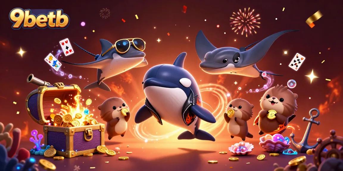 Engage with 9betb featuring an orca, stingray, and sea otters celebrating amidst a vibrant casino scene.