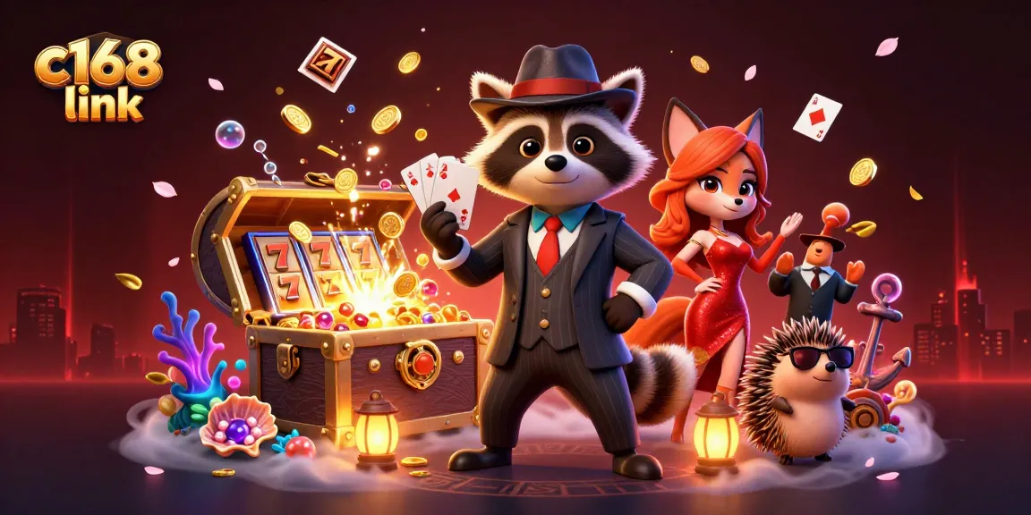 Engage exciting gameplay at c168 link, featuring animated raccoon and fox in casino scene.