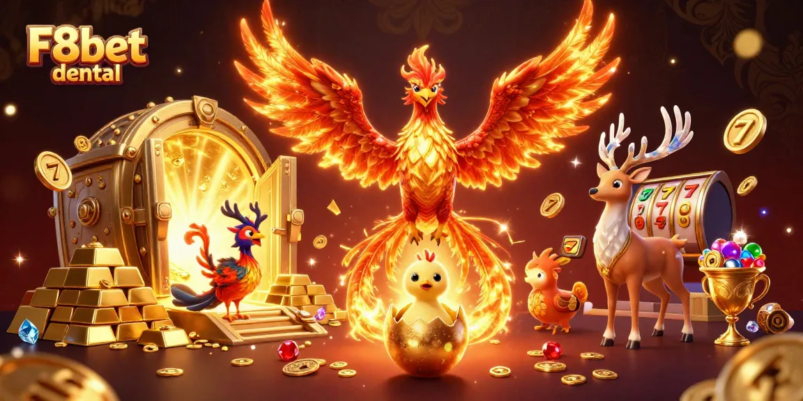 Experience thrilling wins at F8bet dental with vibrant 3D casino art depicting majestic phoenixes and treasures.