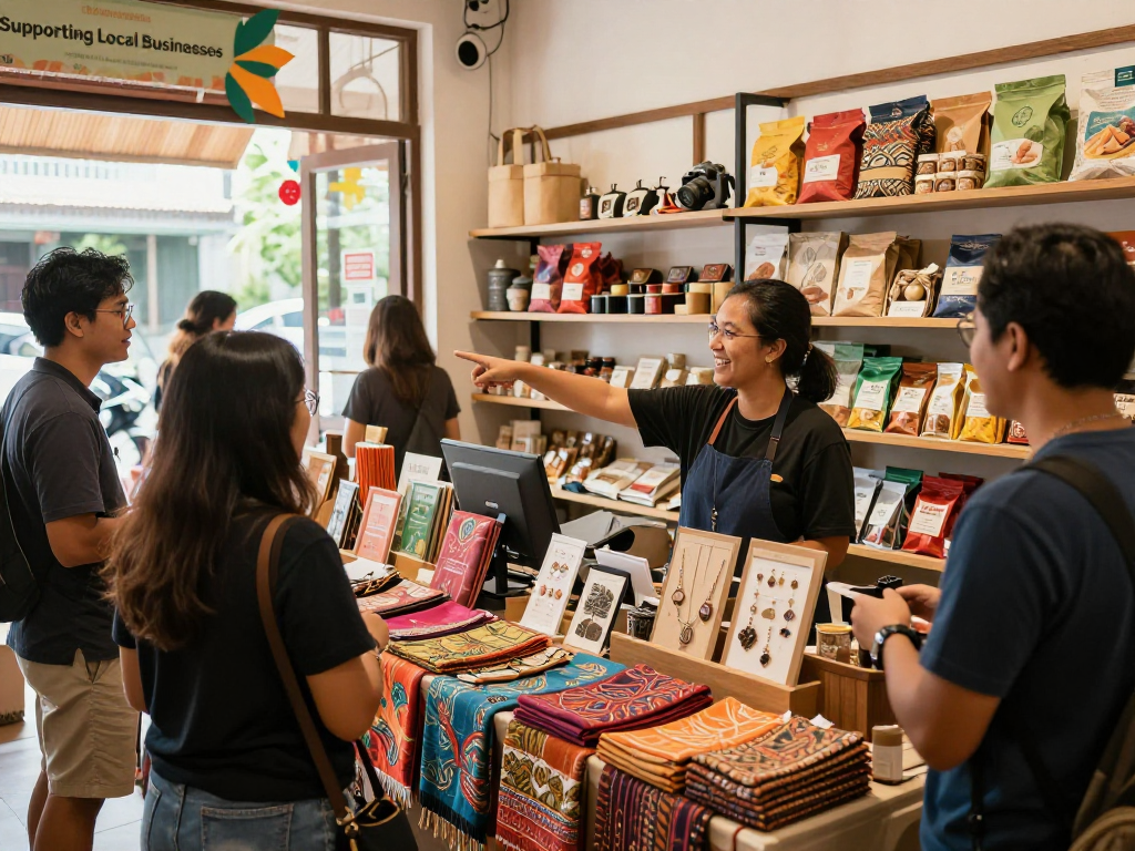 Customer engaging with local products at rokok 88 store, highlighting Indonesian artisanal crafts.