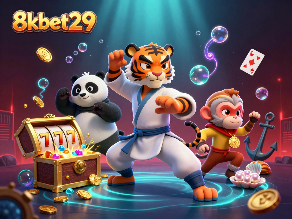Engage in exciting gameplay at 8kbet29 with a vibrant scene of cartoon characters enjoying casino-themed fun.