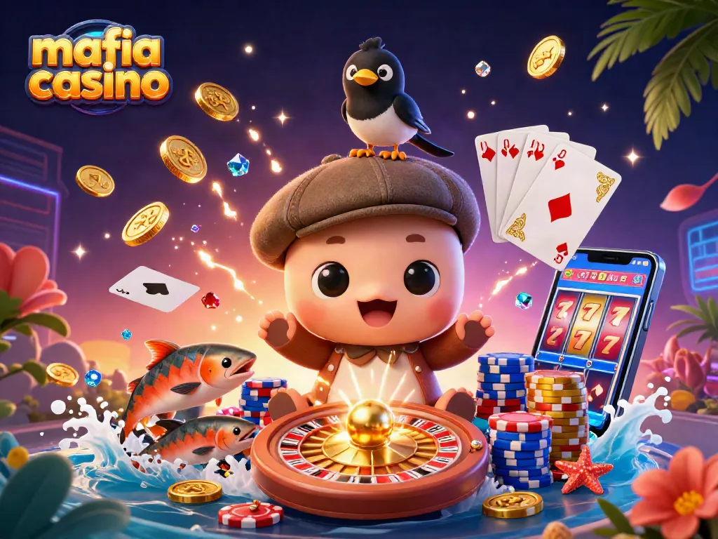 Engage with the vibrant world of mafia casino through this dynamic illustration of playful characters surrounded by gaming elements.