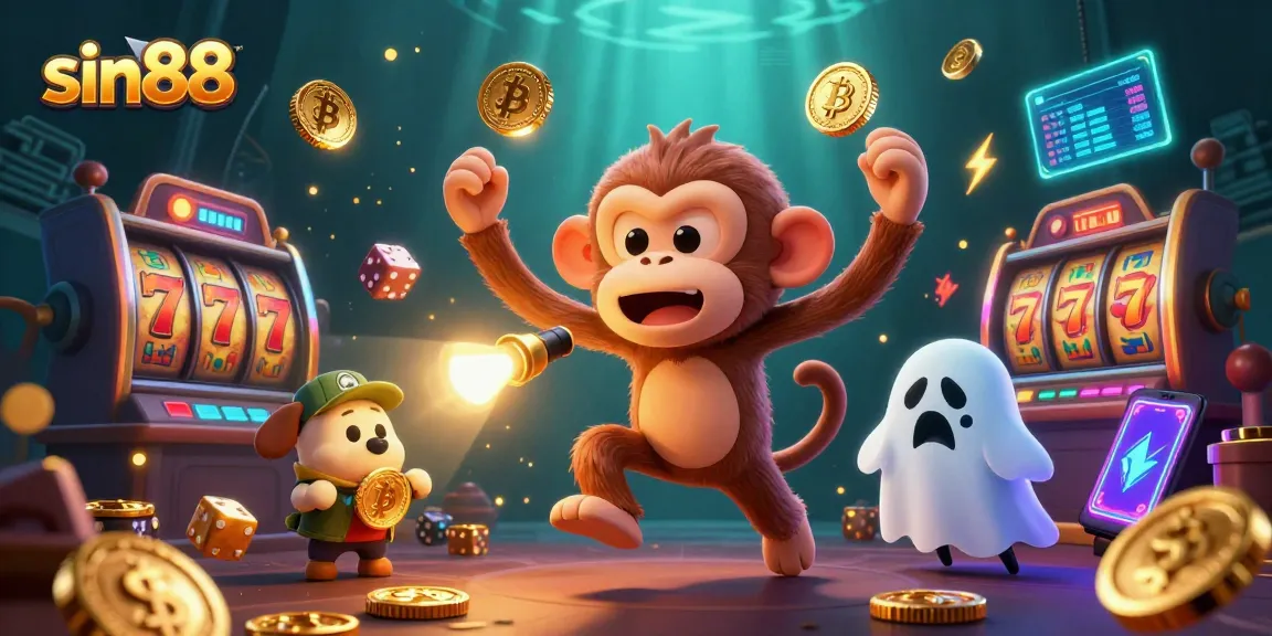 Experience thrilling gameplay at sin88 with a mischievous monkey and curious puppy in a vibrant casino scene.