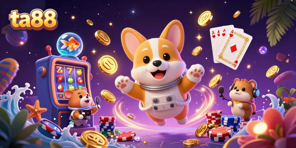 Experience thrilling gaming excitement with ta88's vibrant casino scene featuring a cartoon astronaut corgi.