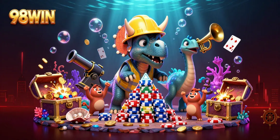 Engage with 98WIN's thrilling casino scene featuring a triceratops building poker chip pyramids.