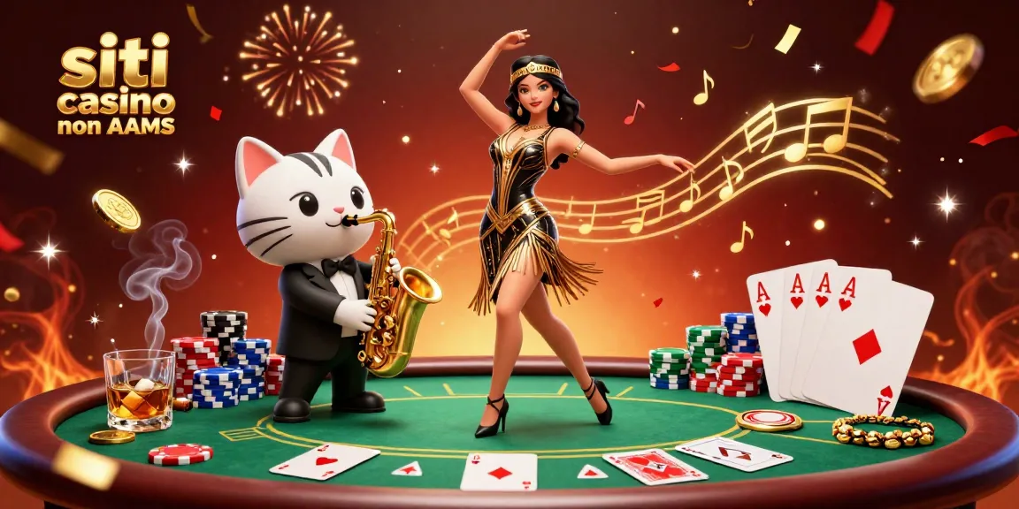Vivi l'emozione con i siti casino non AAMS - una flapper che balla con un gatto che suona il sax tra elementi colorati di poker.