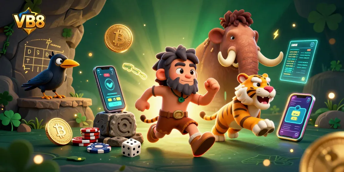 Engage in thrilling casino action with VB8, featuring a caveman and sabertooth tiger duo amidst colorful gambling elements.