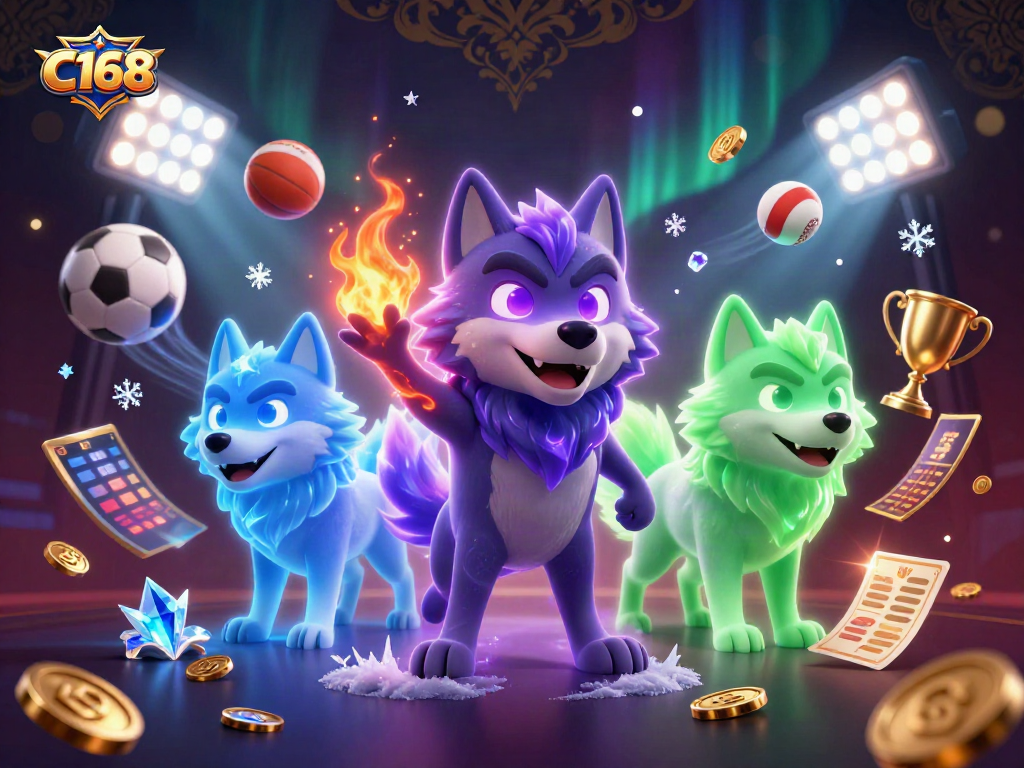 C168 brings excitement with dynamic 3D characters and vibrant sports elements in a casino-themed illustration.