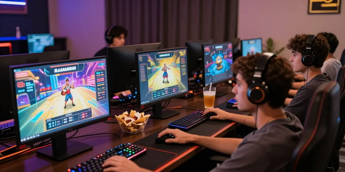 Penggemar rajaslot88 bermain game online di komputer dengan suasana nyaman dan lampu ambient.