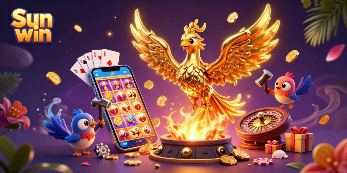 Play and win big at Sun win with this vibrant gaming illustration featuring a golden phoenix and exciting slots!