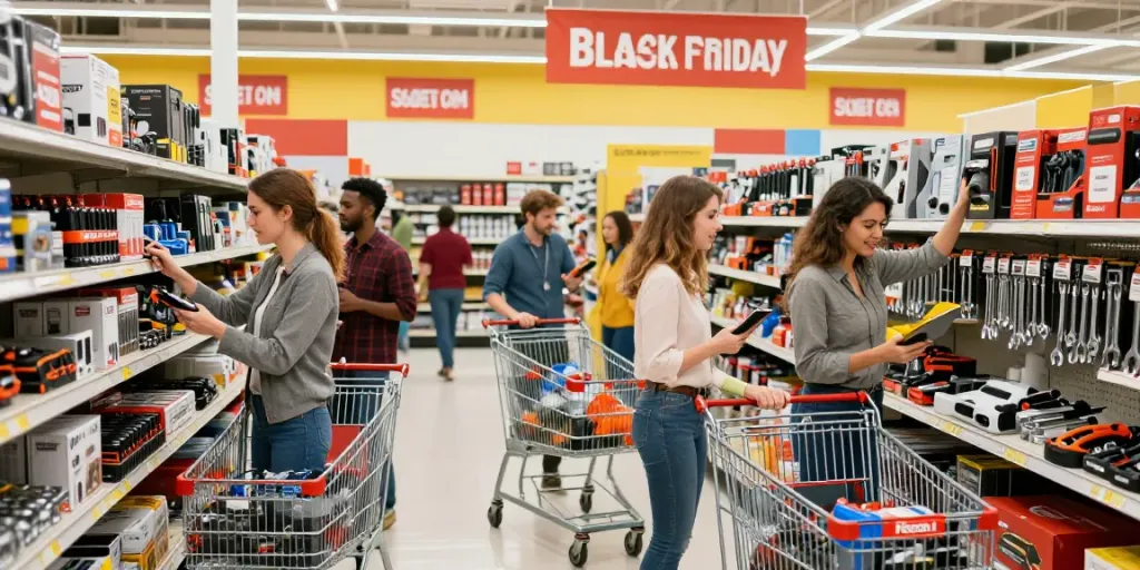 Scena di shopping Black Friday Facom con clienti entusiasti che esplorano attrezzi scontati